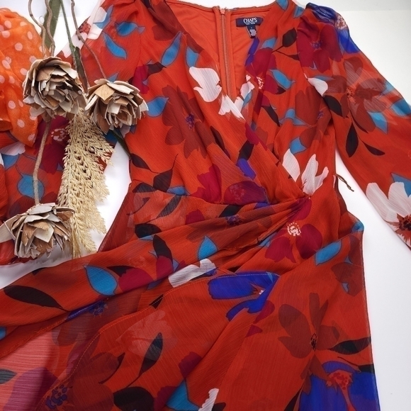 CHAPS Reddish Orange Blue Floral Dress Size 4 - Picture 9 of 15